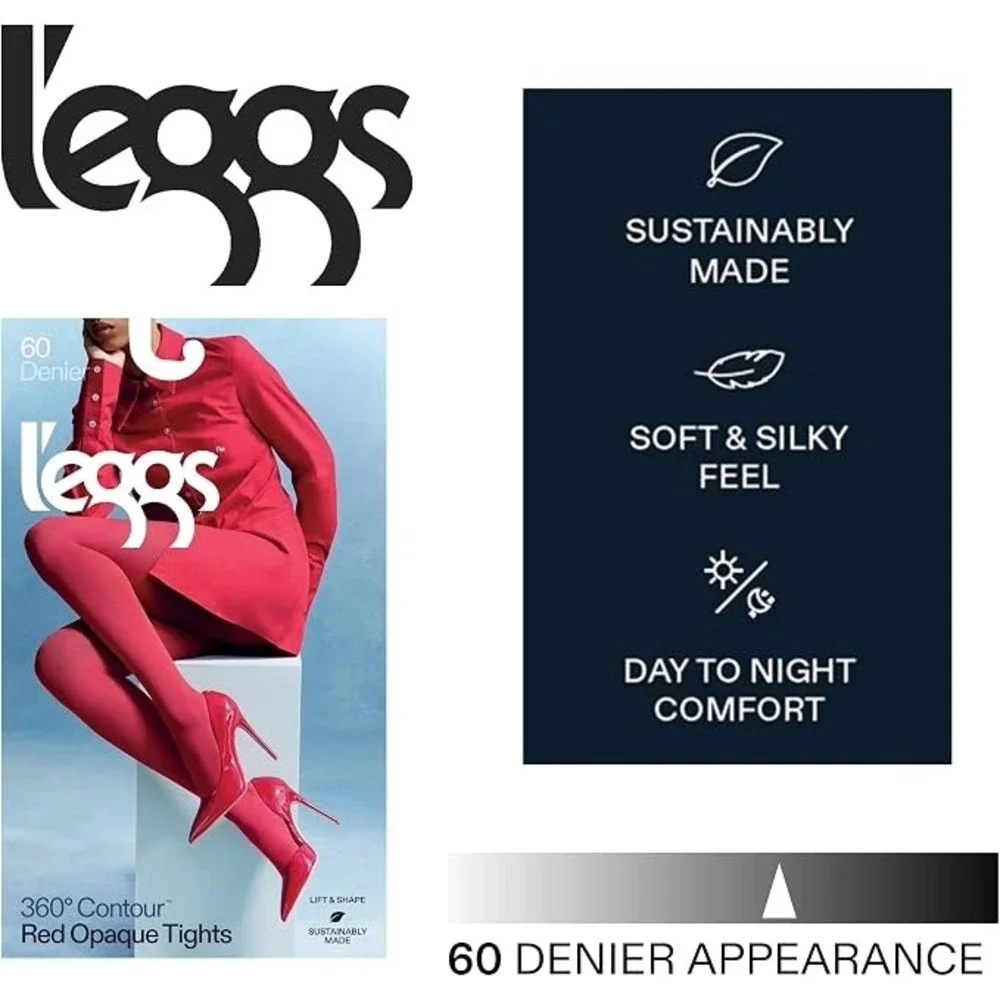 L'eggs 360 Contour Red Opaque Tights 60‎ Denier Large New